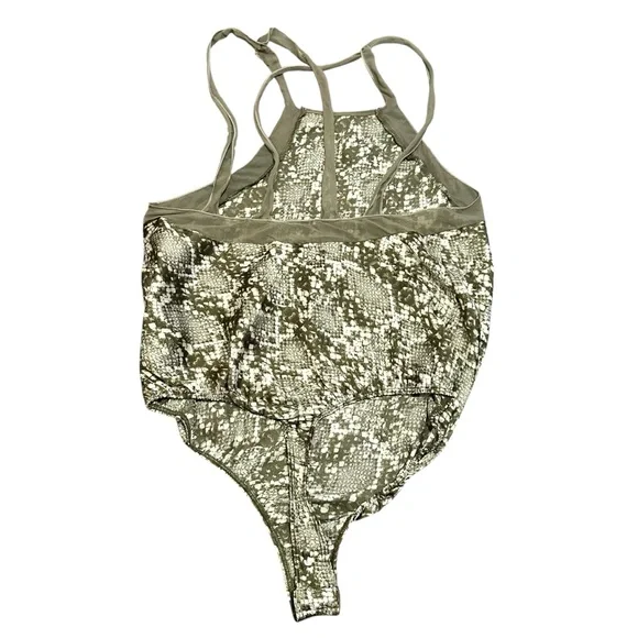 Free People Snakeskin Print One-Piece Bodysuit Olive Green Strappy Back Size XS - Picture 3 of 8